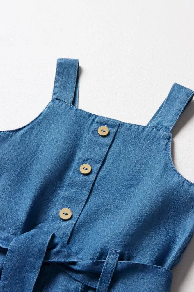 Belted Strappy Denim Jumpsuit Blue