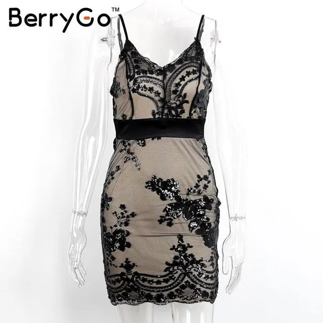 BerryGo Elegant evening party sequin dress Women sexy deep v neck bodycon dress short beach summer casual dress mesh vestidos