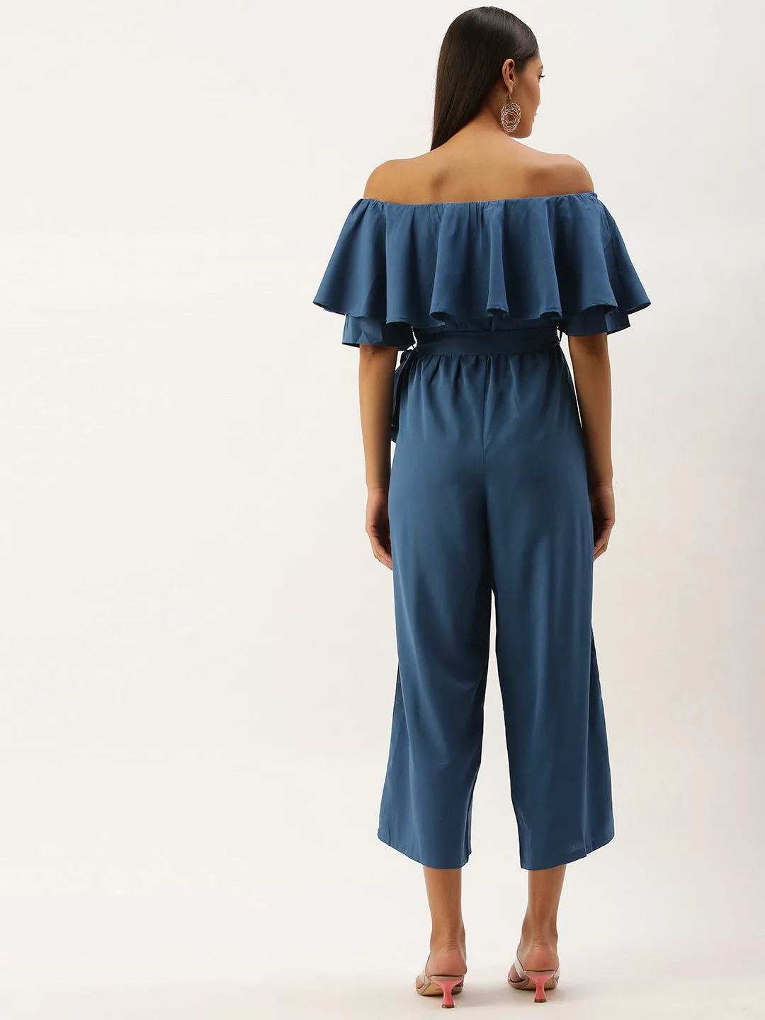 Berrylush Women Solid Blue Off Shoulder Culotte Jumpsuit