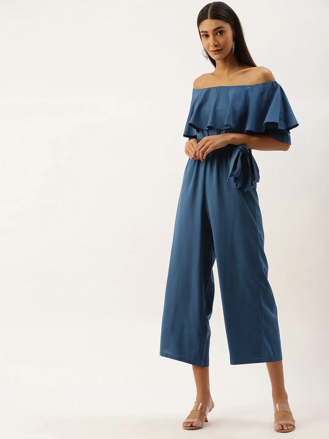 Berrylush Women Solid Blue Off Shoulder Culotte Jumpsuit