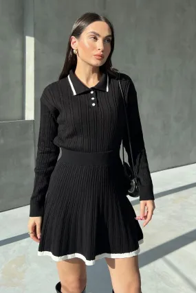 Black Polo Neck Knitted Sweater Skirt Set