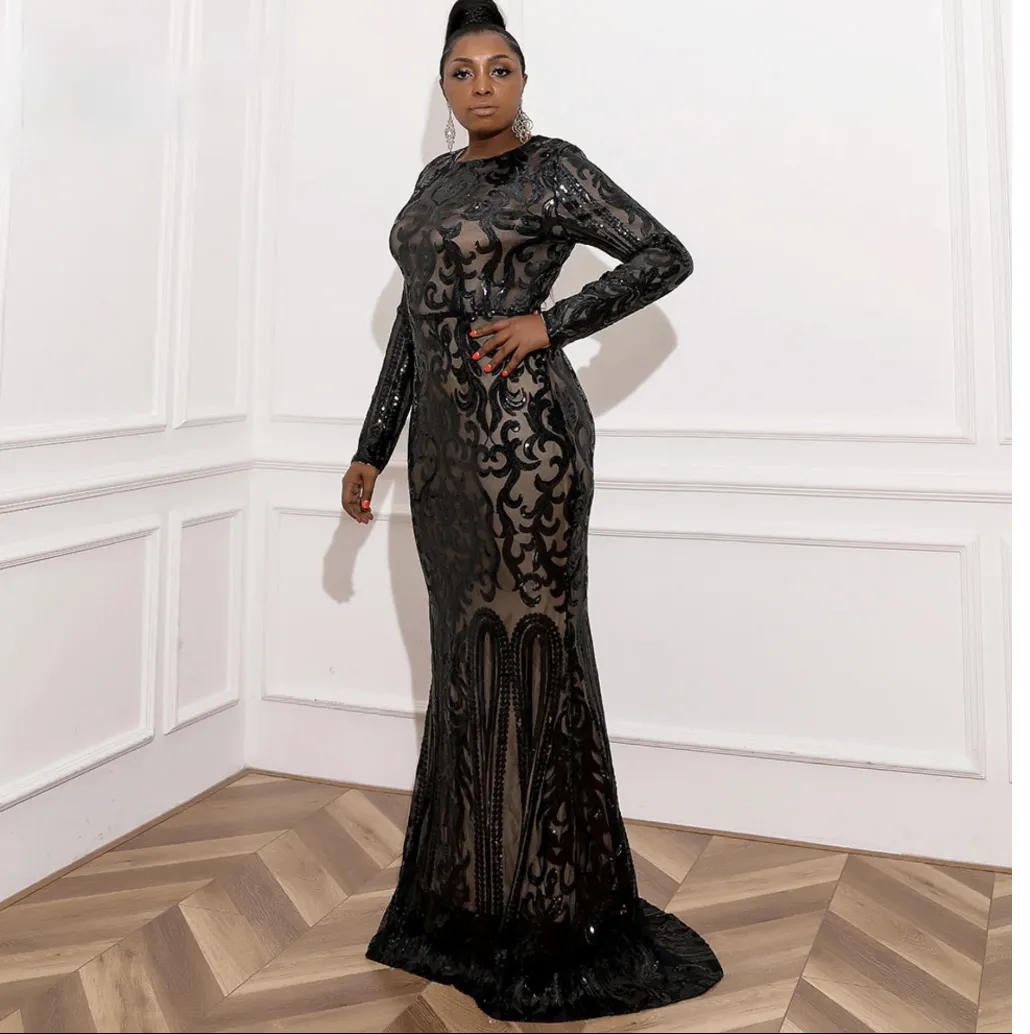 Black Sequin Plus Size Party Dress Elegant Long Sleeve Bodycon Mermaid  Evening Gown