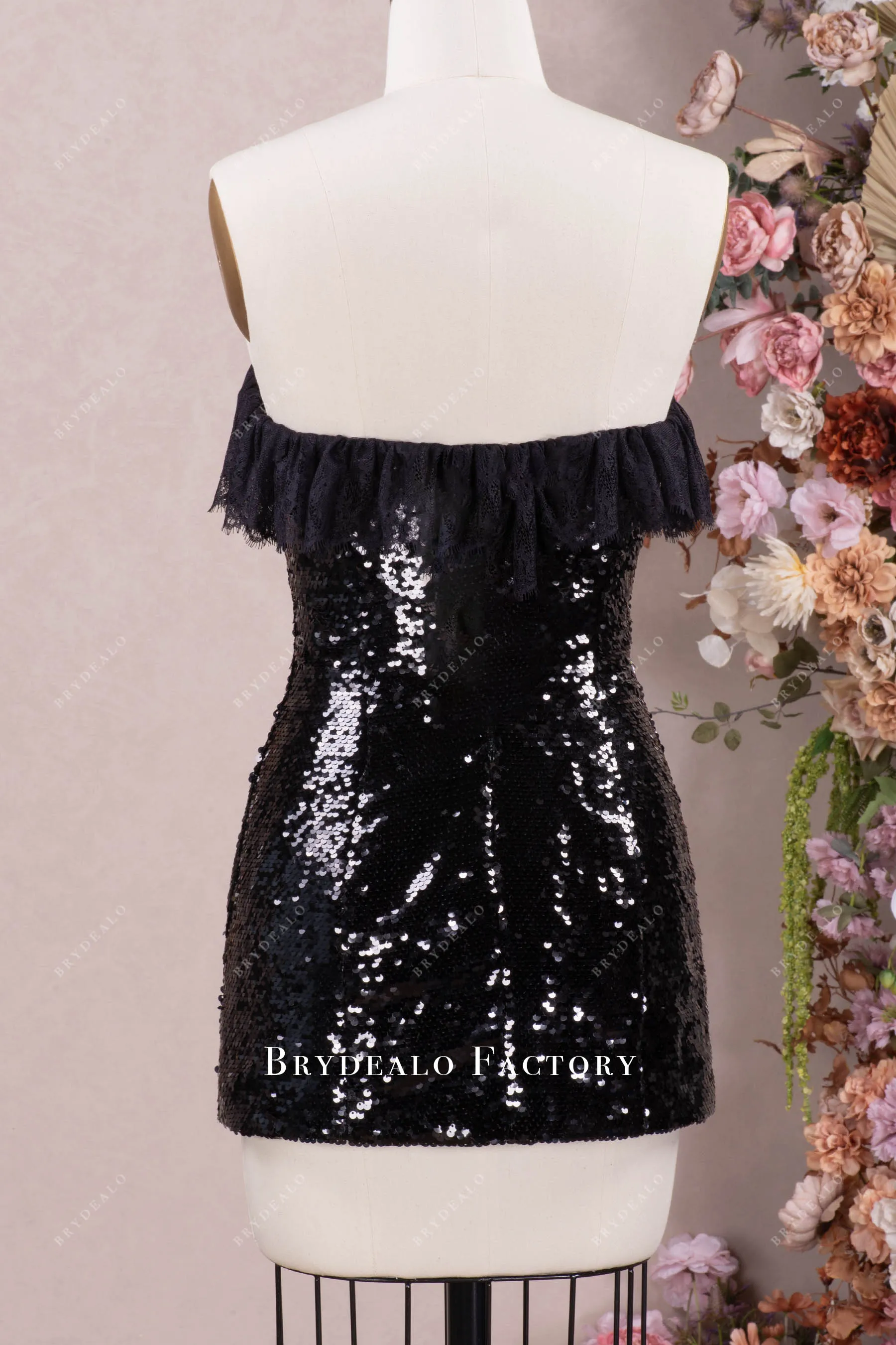 Black Sequin Ruffled Lace Satin Bow Mini Dress