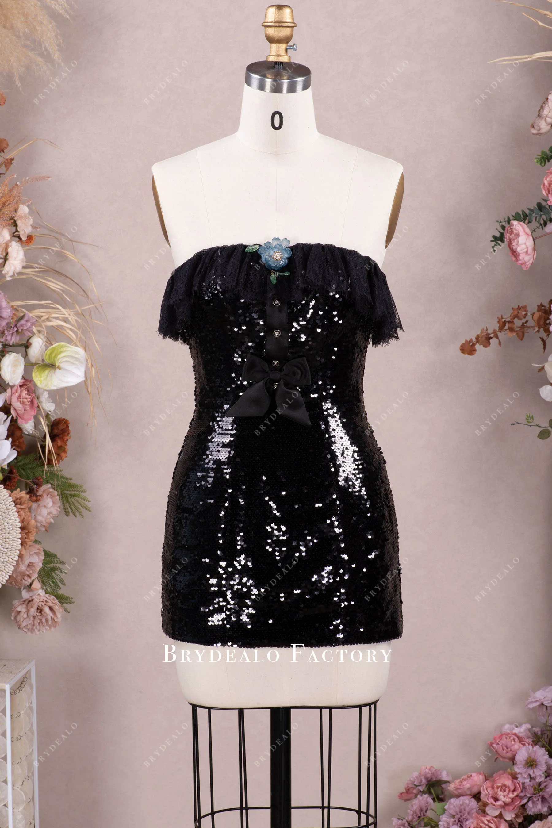 Black Sequin Ruffled Lace Satin Bow Mini Dress