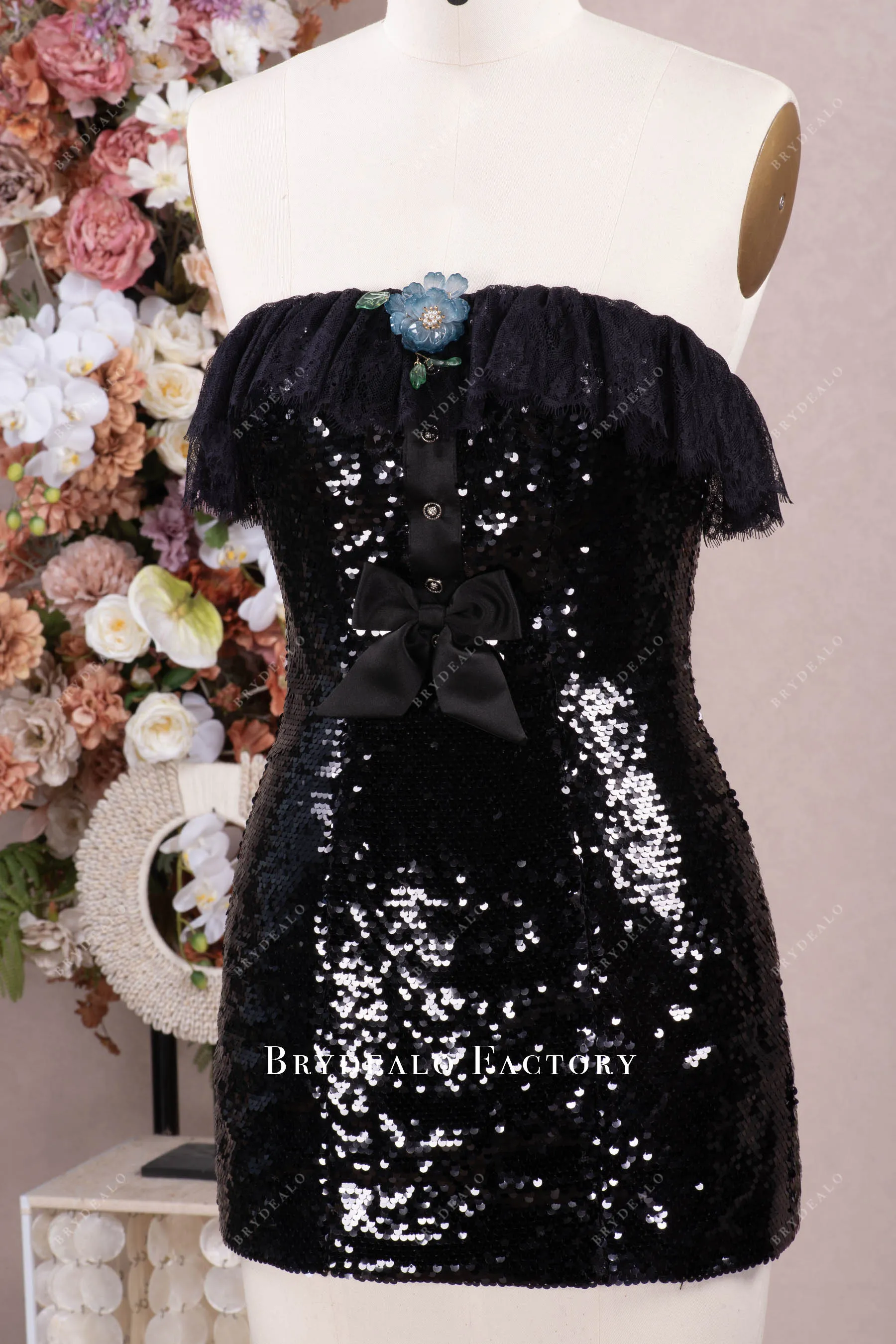 Black Sequin Ruffled Lace Satin Bow Mini Dress