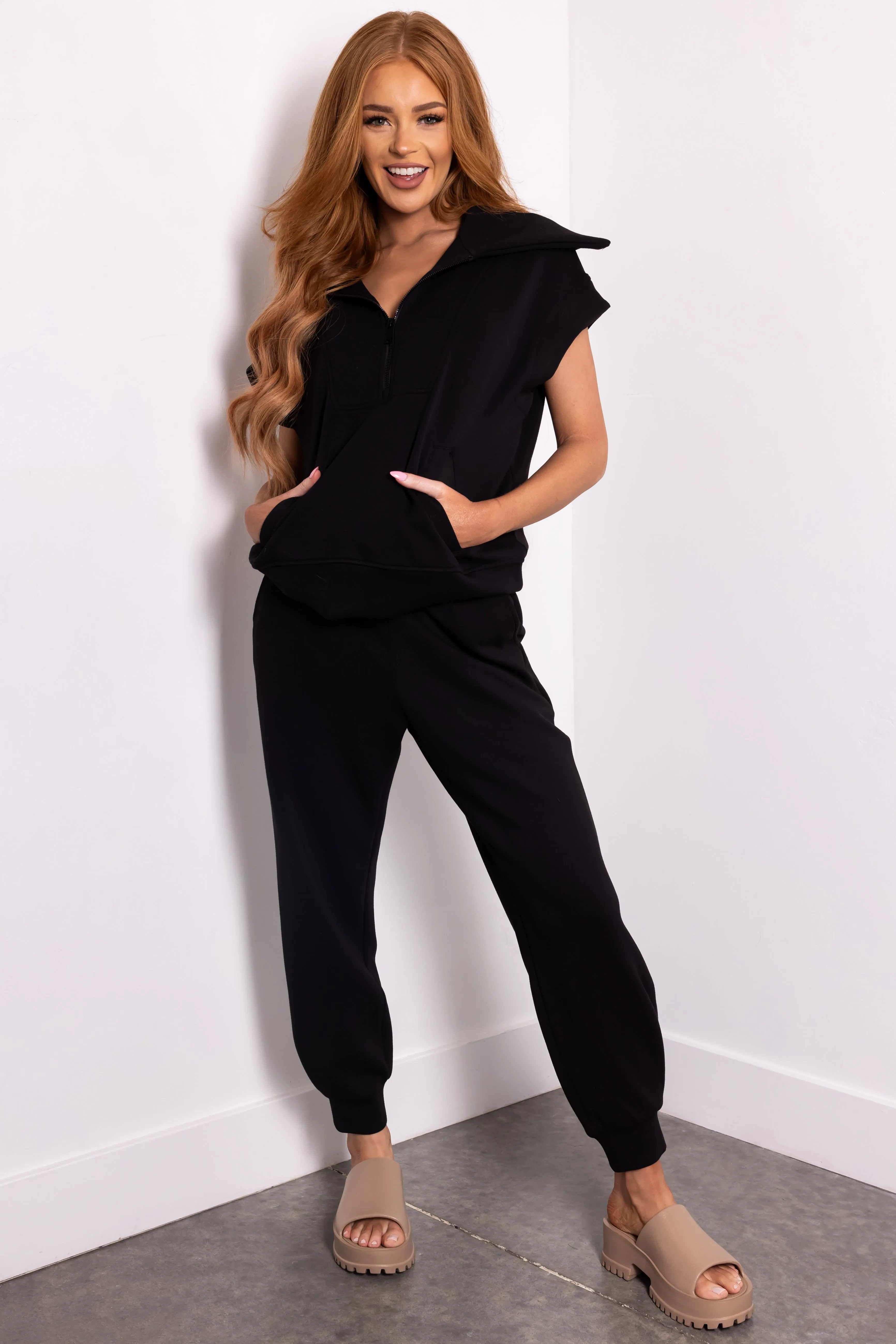 Black Smocked Waistband Soft Knit Joggers