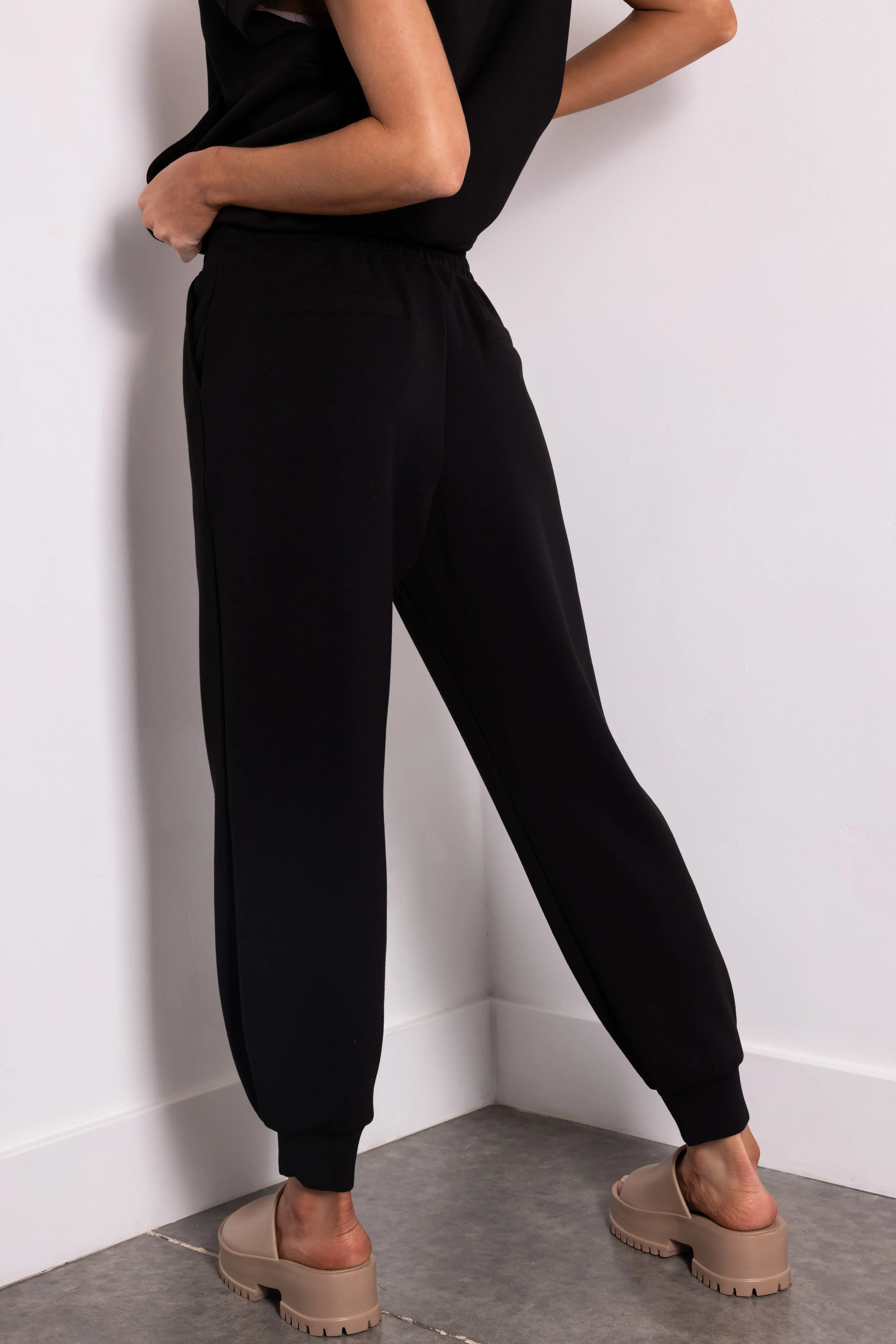 Black Smocked Waistband Soft Knit Joggers