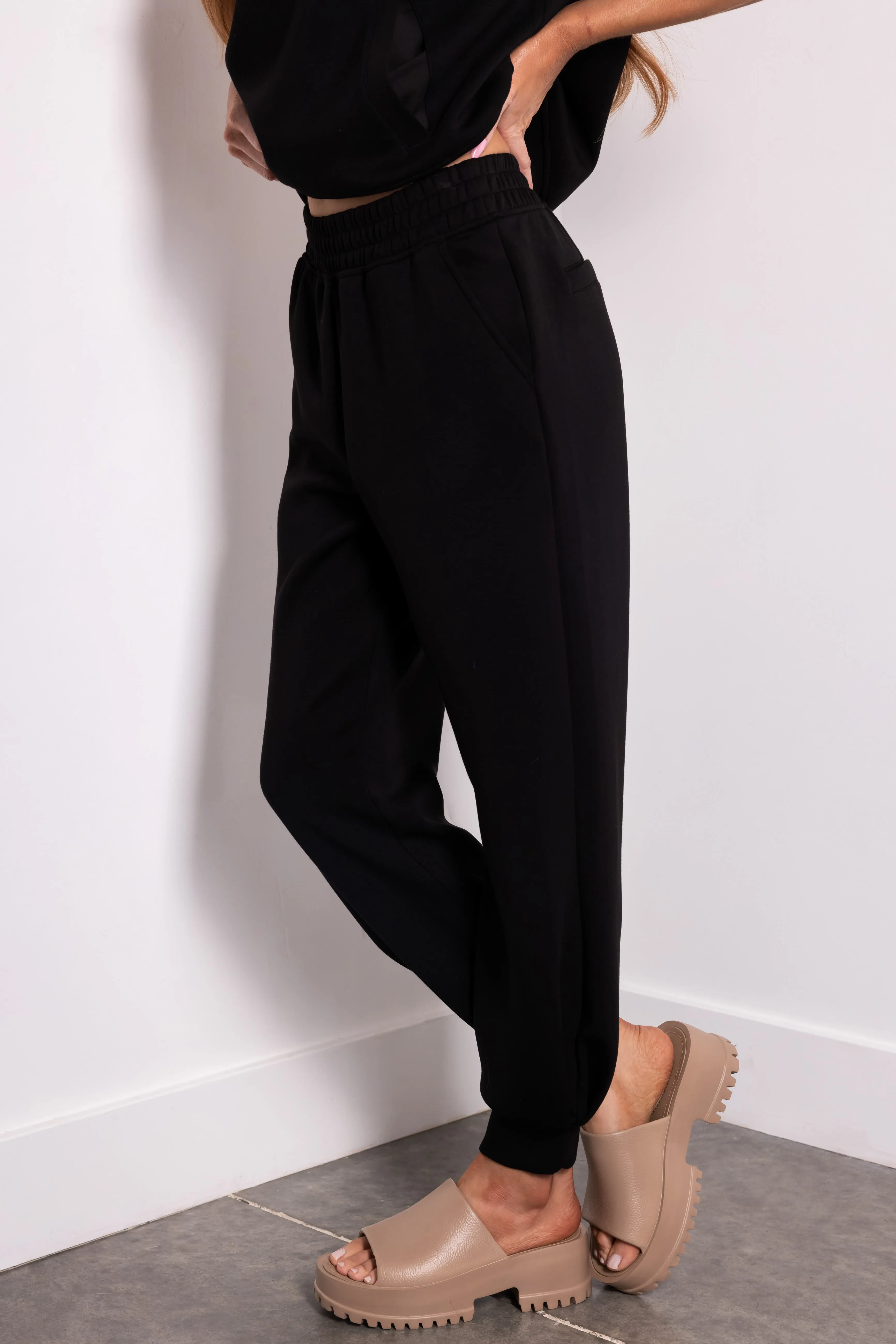 Black Smocked Waistband Soft Knit Joggers