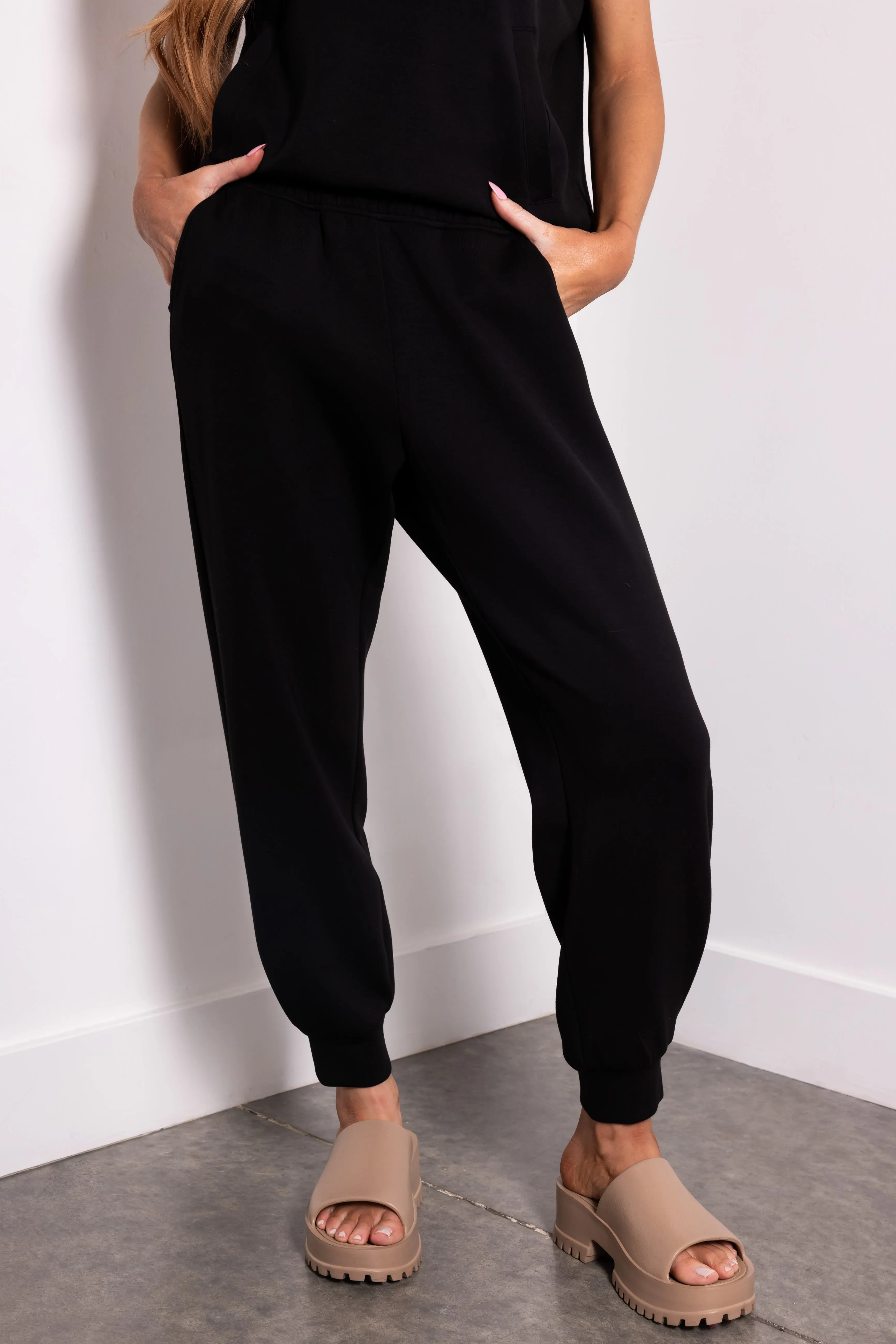 Black Smocked Waistband Soft Knit Joggers