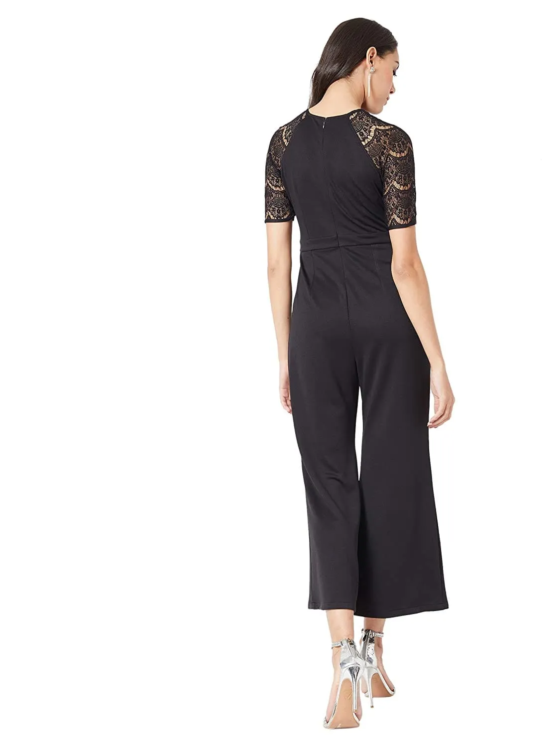 Black Solid Lace Half Sleeve Round Neck Jumpsuit