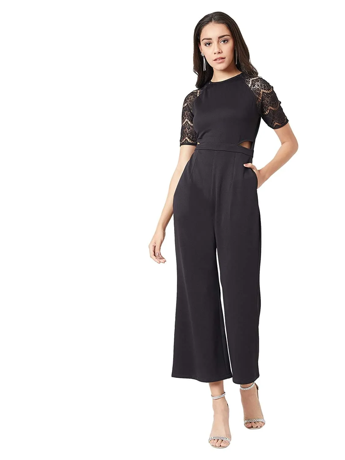 Black Solid Lace Half Sleeve Round Neck Jumpsuit