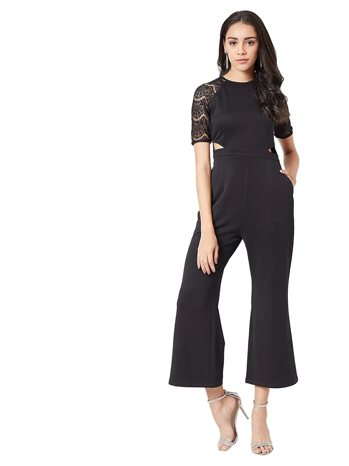 Black Solid Lace Half Sleeve Round Neck Jumpsuit