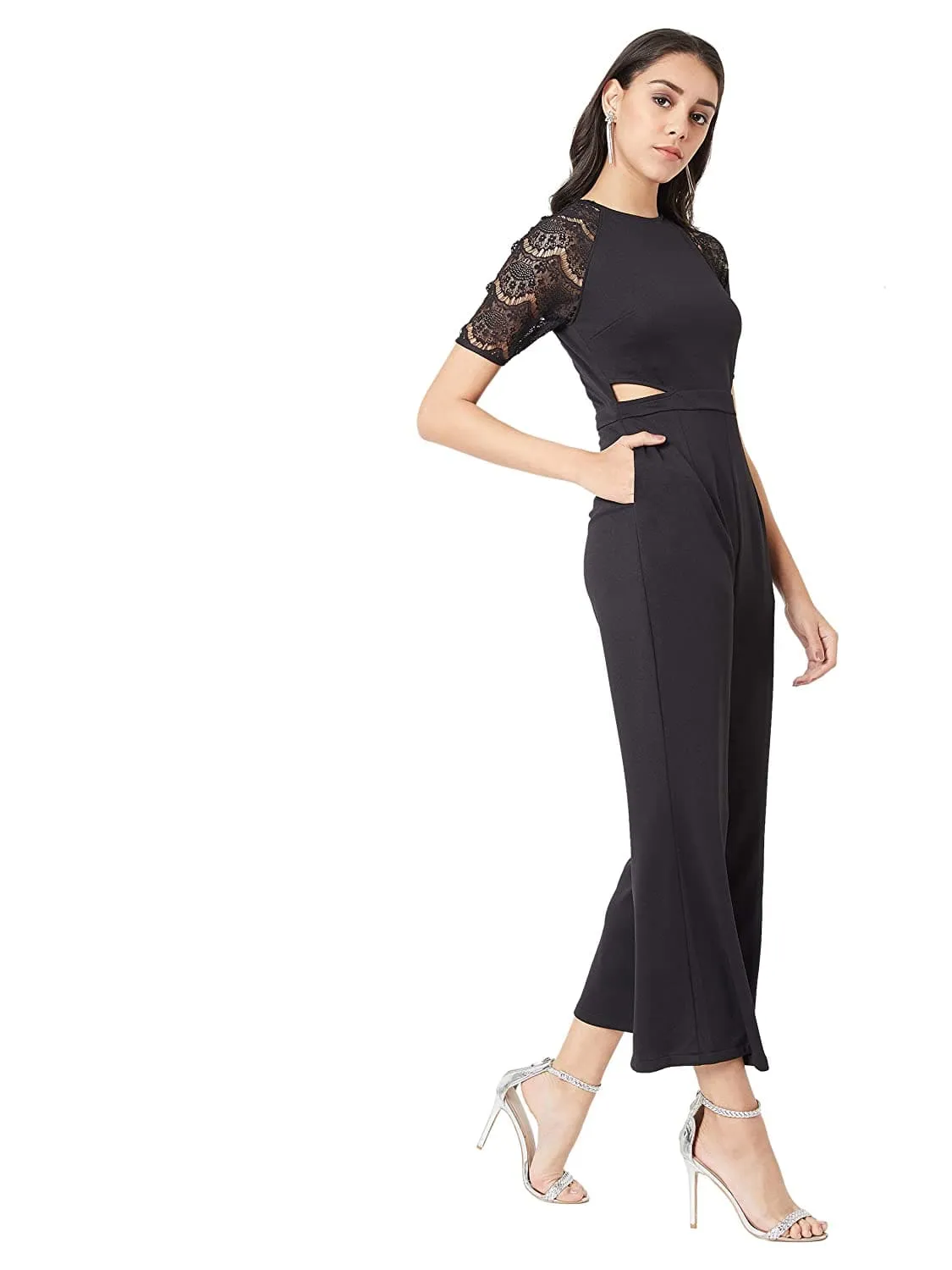 Black Solid Lace Half Sleeve Round Neck Jumpsuit