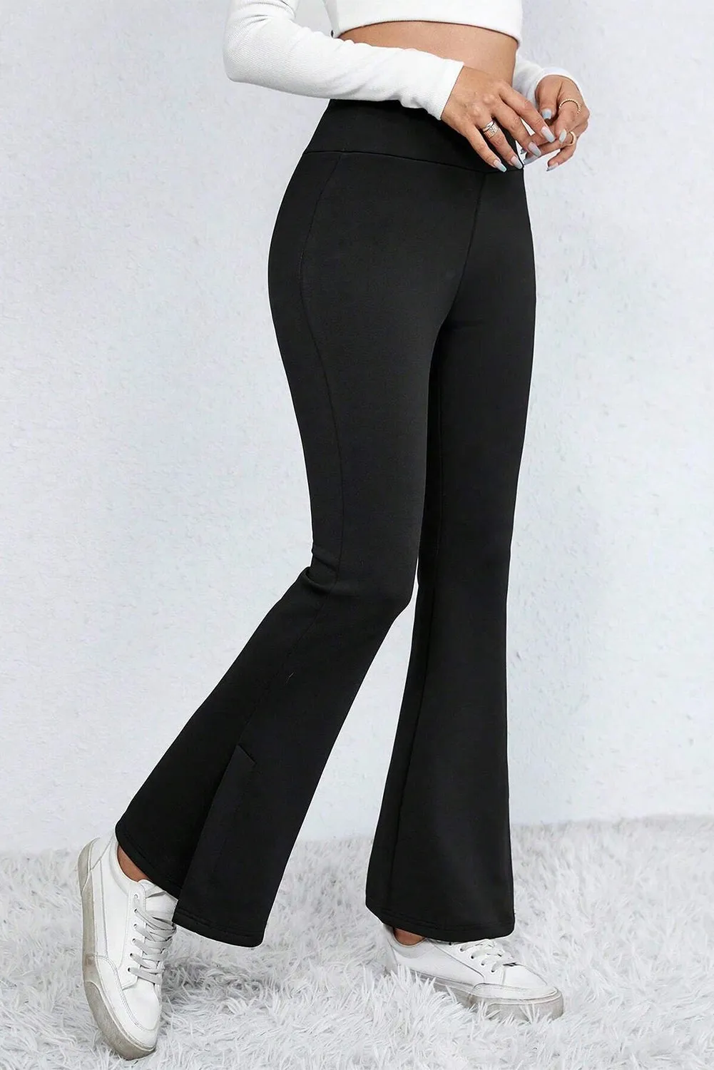 Black Thermal Lined Split Flare Leg Pants