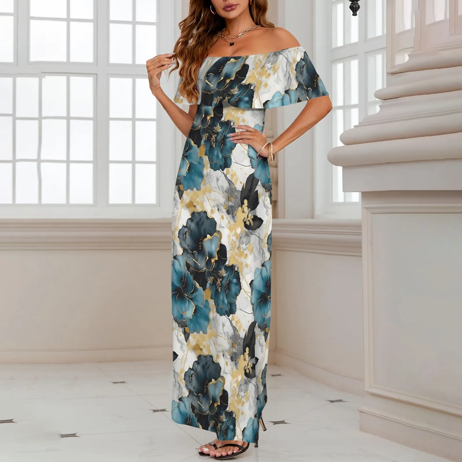 Blue & Gold Ink Floral Women's Off Shoulder Ruffle Boat Neck Dress (Model D71)