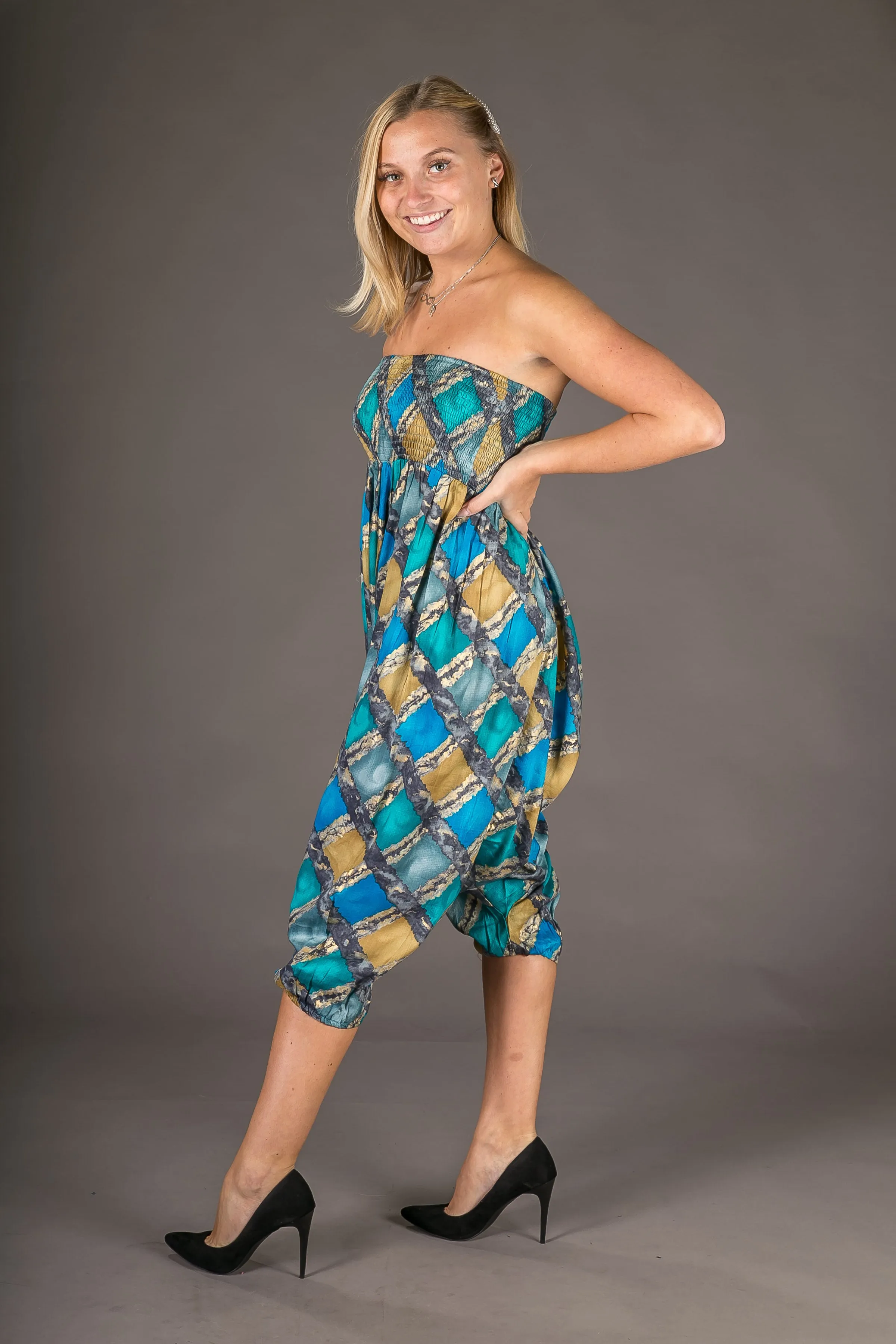 Blue Gold Print Cotton Harem Yoga Jumpsuit Pants