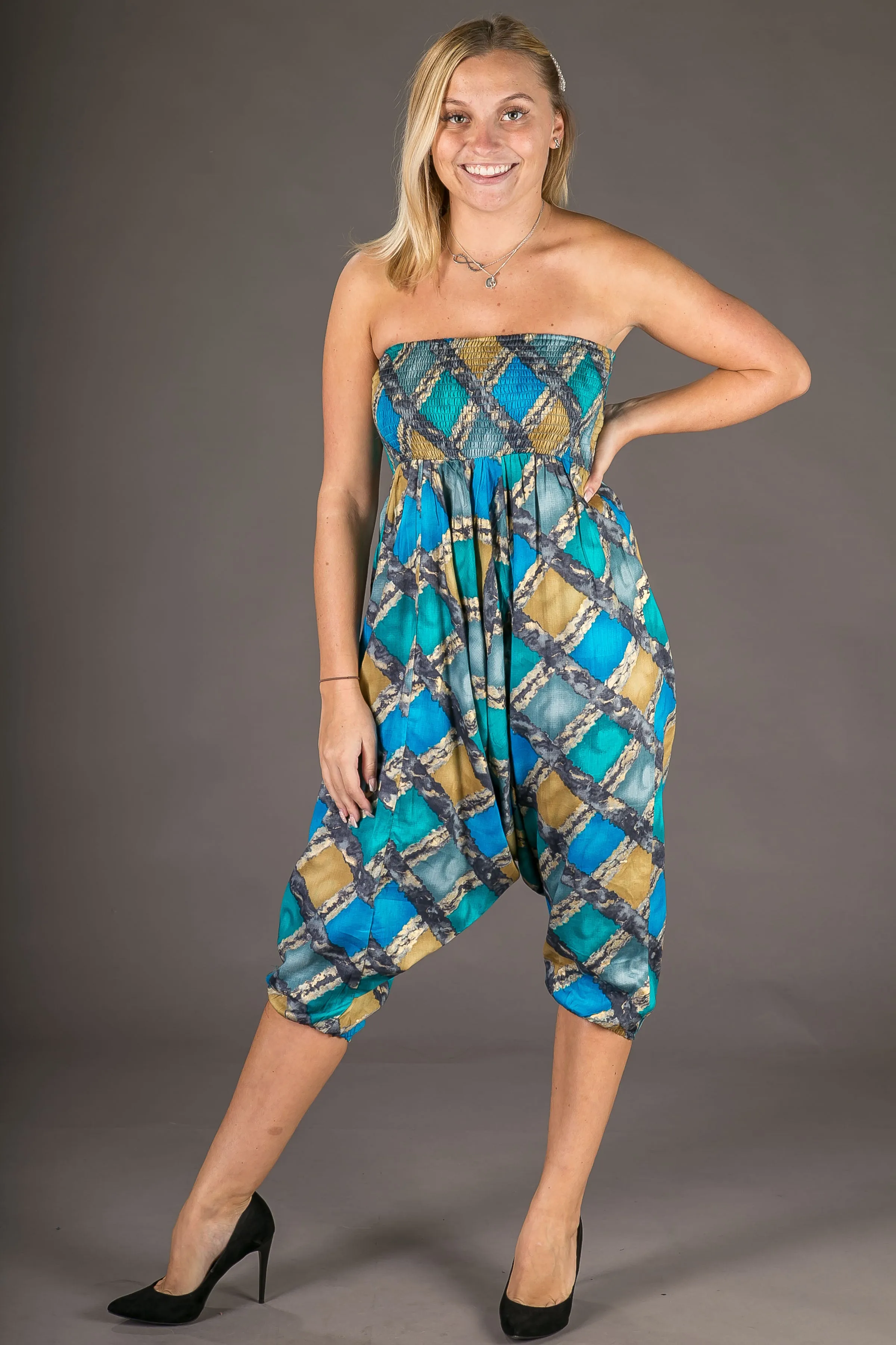 Blue Gold Print Cotton Harem Yoga Jumpsuit Pants