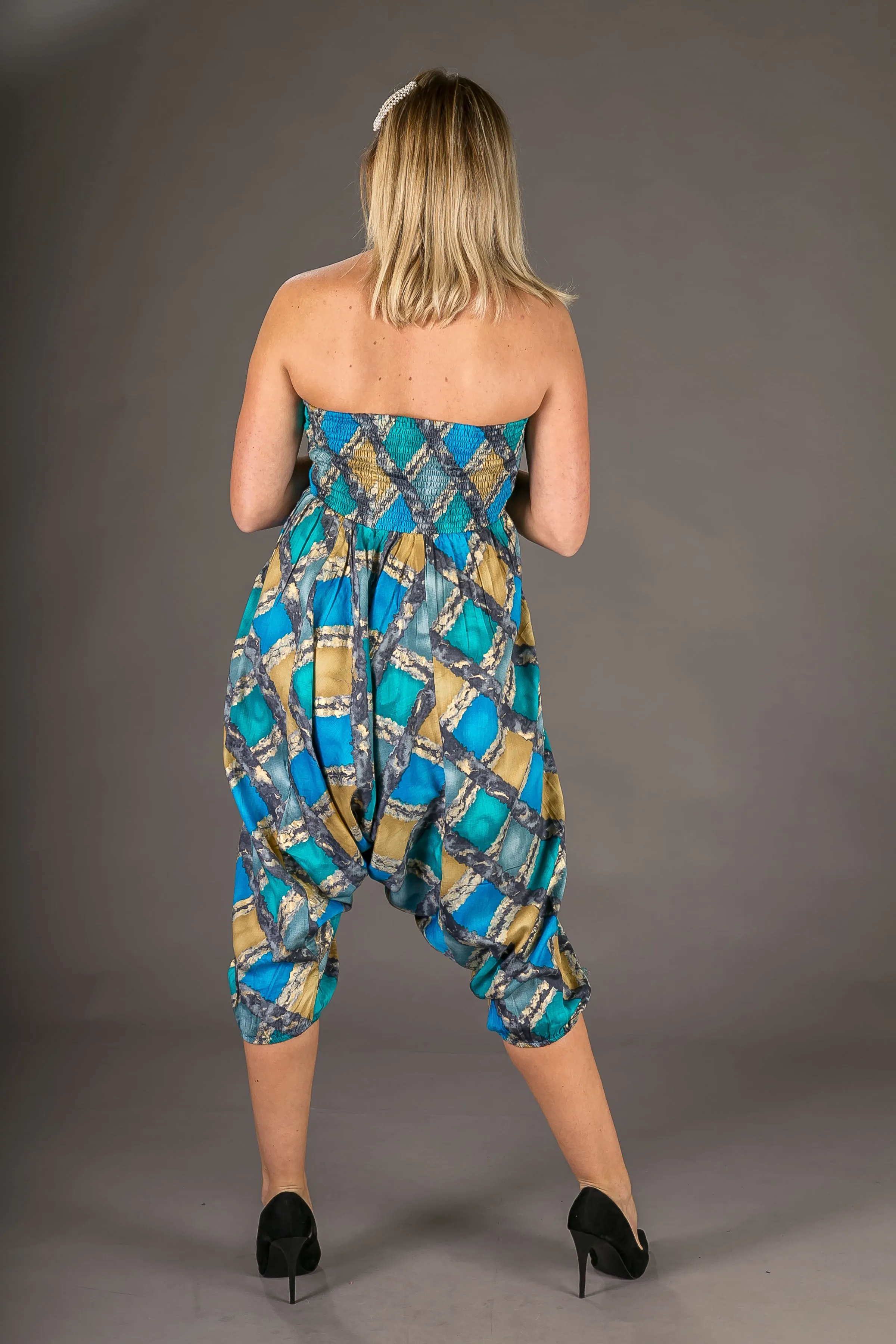 Blue Gold Print Cotton Harem Yoga Jumpsuit Pants