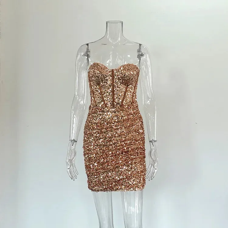 Bodycon Sequined 2024 Summer Short Ruched Glitter Sexy Mini Sexy Strapless Elegant Prom Dress