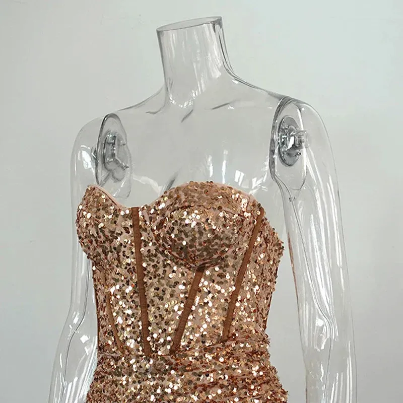 Bodycon Sequined 2024 Summer Short Ruched Glitter Sexy Mini Sexy Strapless Elegant Prom Dress