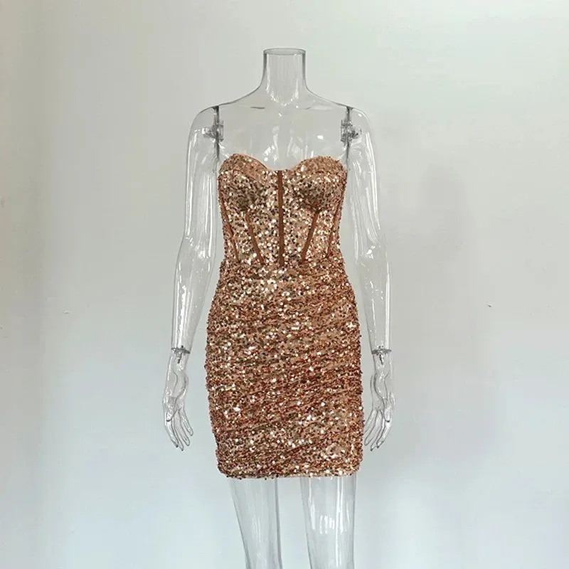 Bodycon Sequined 2024 Summer Short Ruched Glitter Sexy Mini Sexy Strapless Elegant Prom Dress