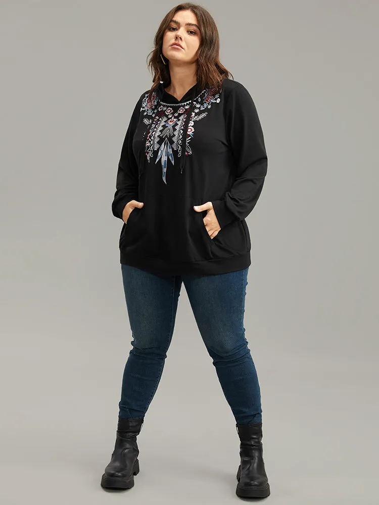 Boho Embroidered Pocket Hooded Drawstring Sweatshirt