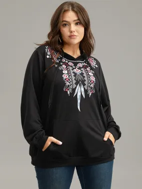 Boho Embroidered Pocket Hooded Drawstring Sweatshirt