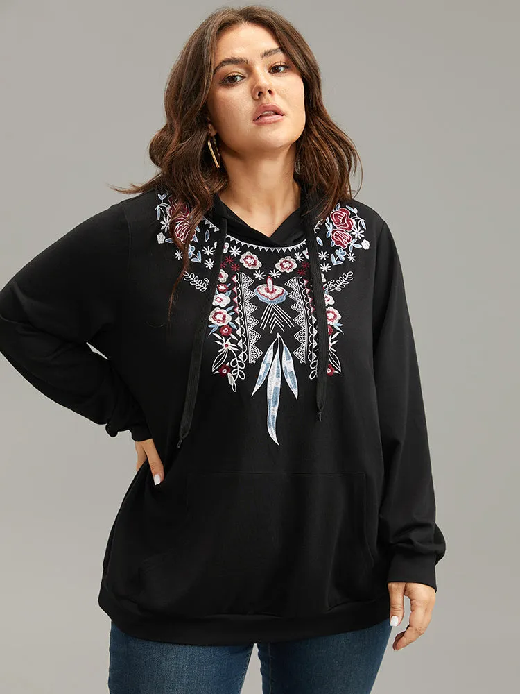 Boho Embroidered Pocket Hooded Drawstring Sweatshirt