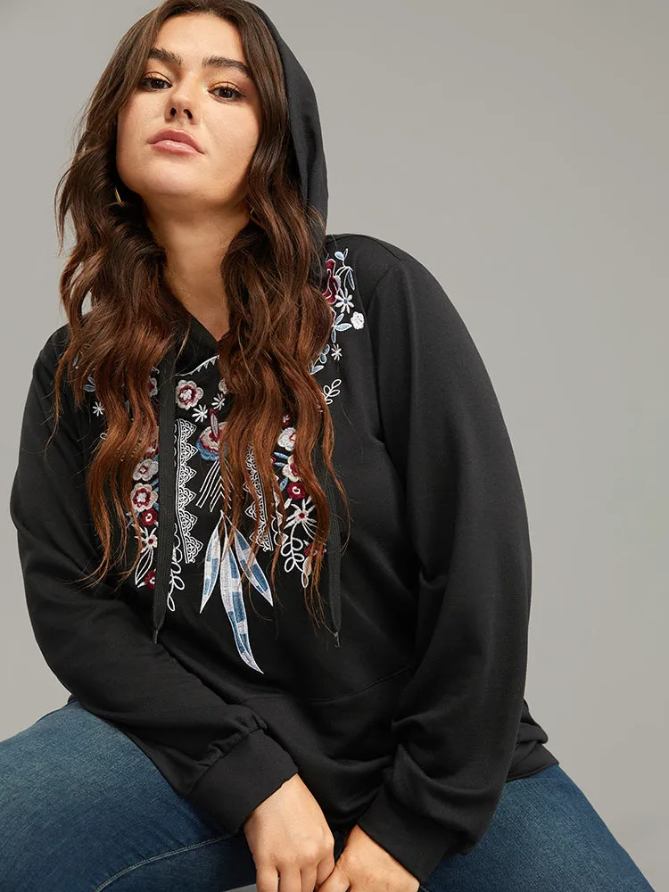 Boho Embroidered Pocket Hooded Drawstring Sweatshirt