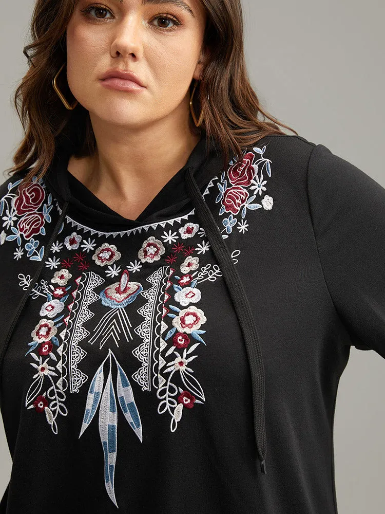 Boho Embroidered Pocket Hooded Drawstring Sweatshirt