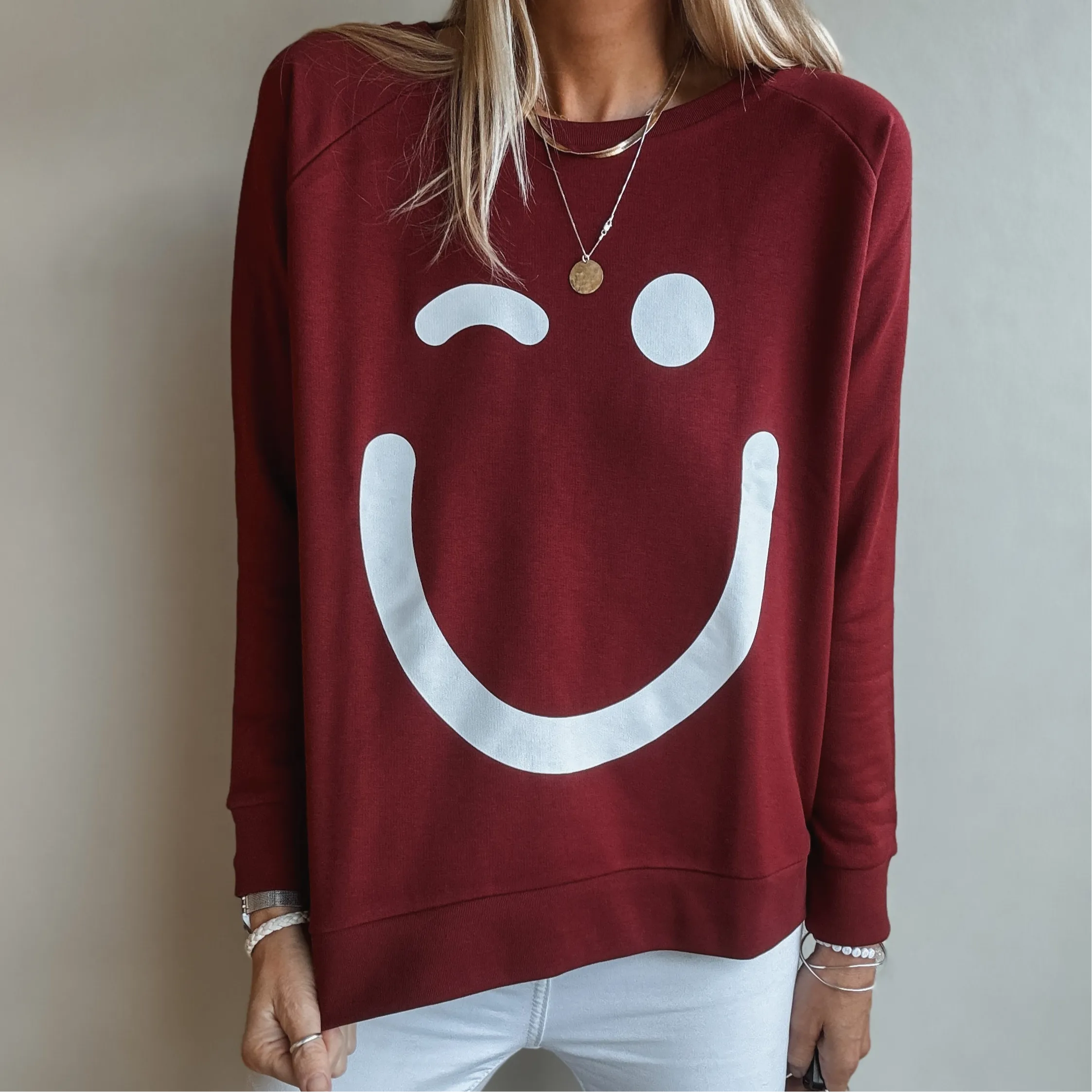 Burgundy & white SMILEY sweatshirt *relaxed style* *NEW*