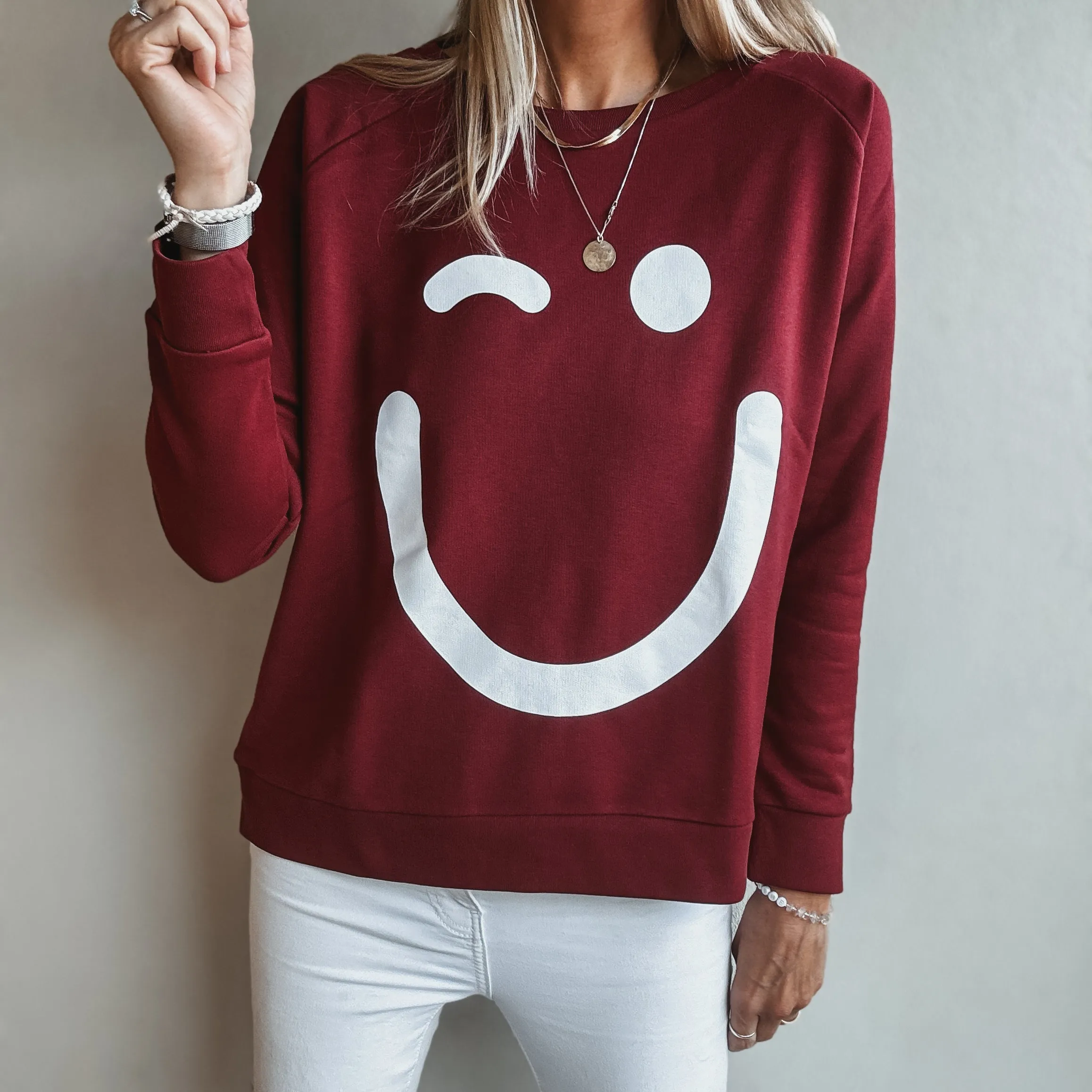 Burgundy & white SMILEY sweatshirt *relaxed style* *NEW*