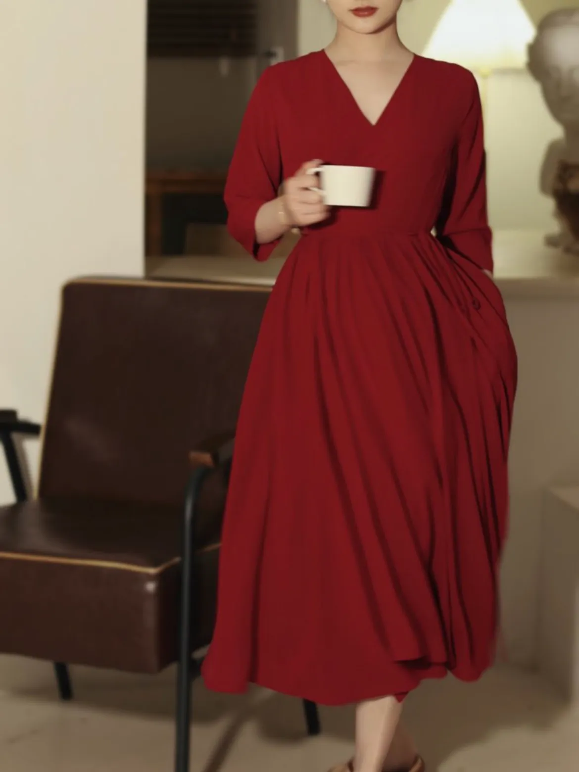 Burgundy Modest 50s Vintage V neck Summer Dress with Sleeves