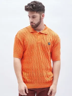 Burnt Orange Textured Knitted Polo Tshirt