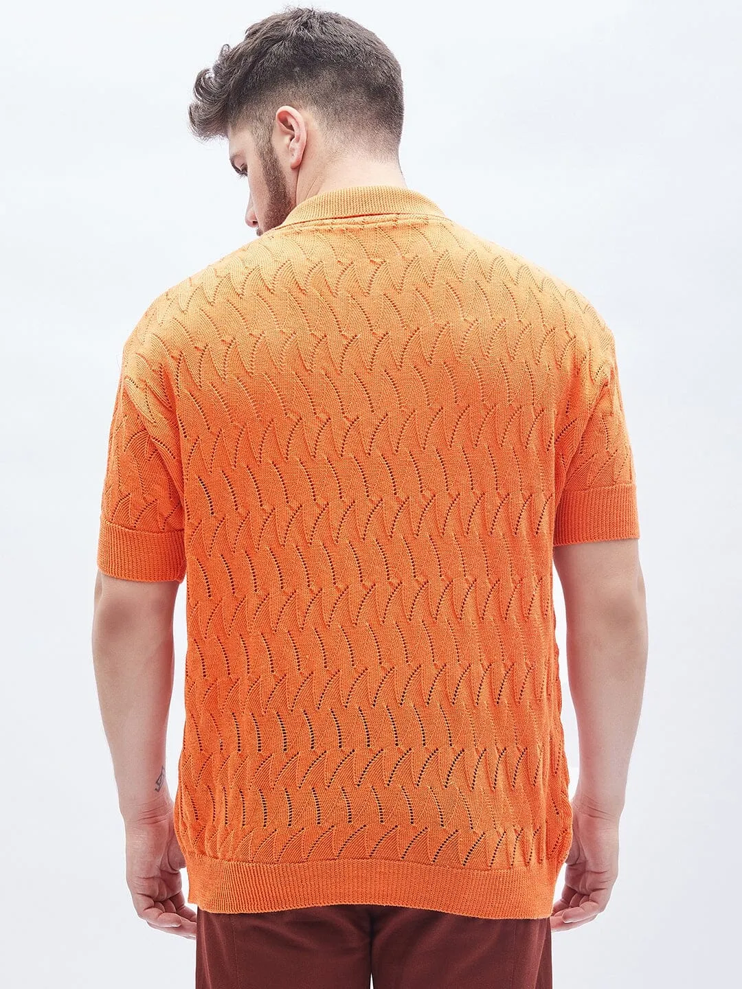 Burnt Orange Textured Knitted Polo Tshirt