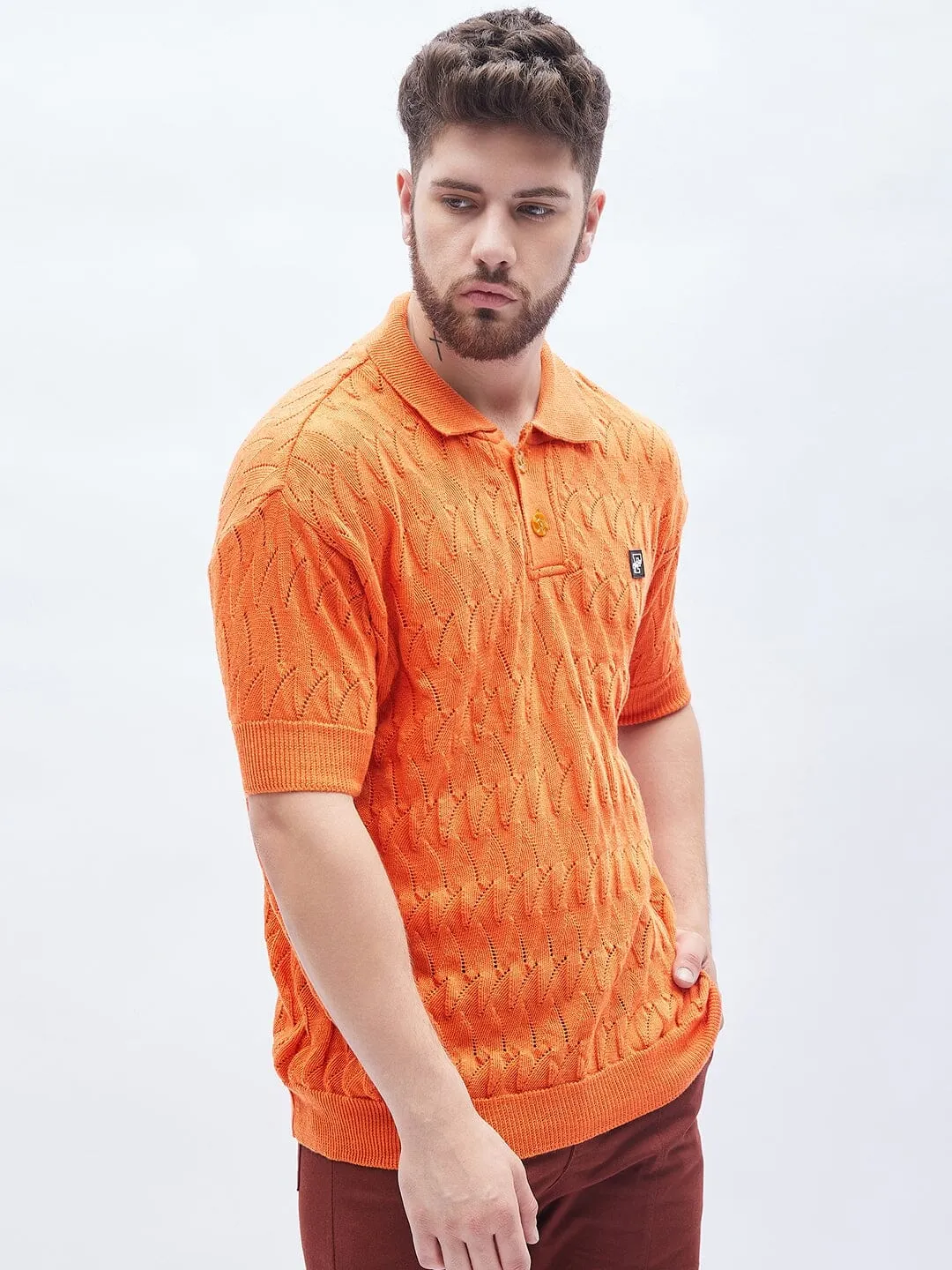 Burnt Orange Textured Knitted Polo Tshirt