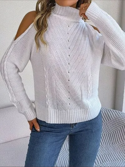 Cable-Knit Turtleneck Cold Shoulder Sweater