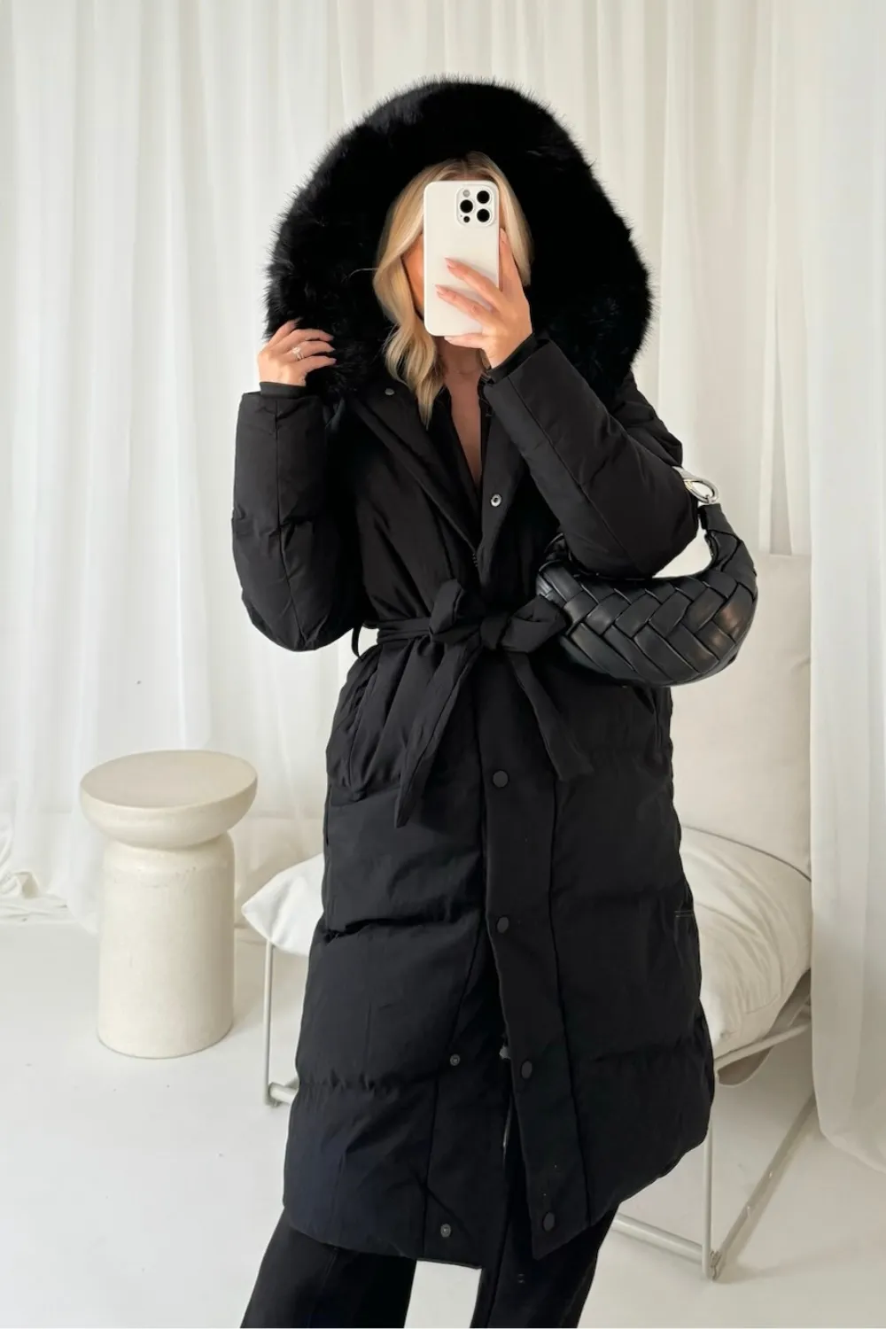 Carly black faux fur hooded long duvet coat