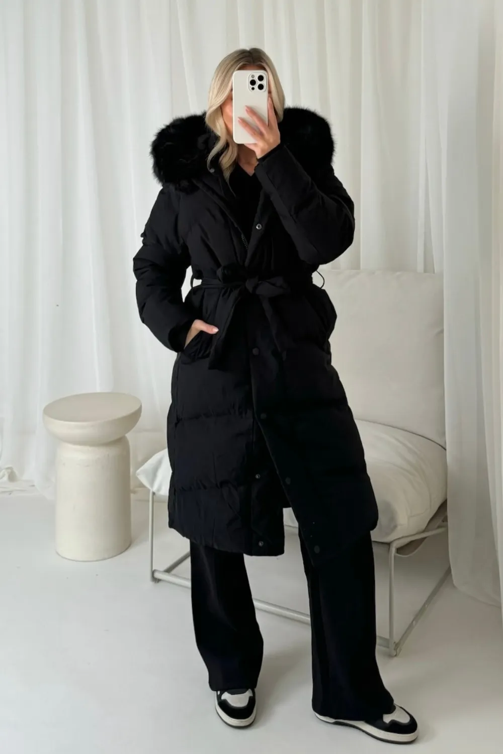 Carly black faux fur hooded long duvet coat