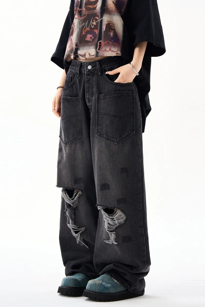 Casual Ripped Reverse Design Jeans Vintage Washed Distressed Wide-Leg Pants