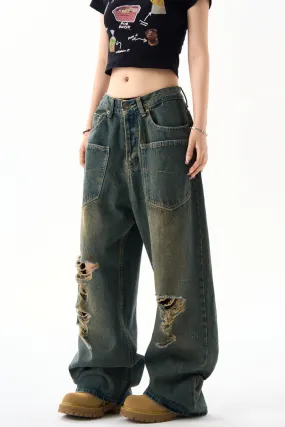 Casual Ripped Reverse Design Jeans Vintage Washed Distressed Wide-Leg Pants