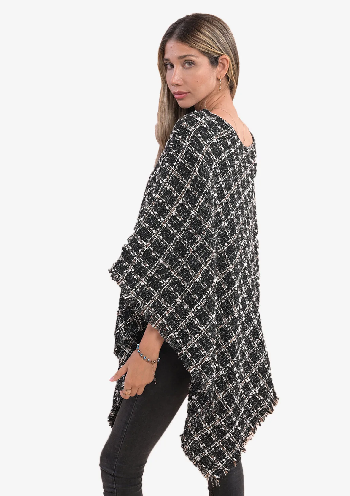 Check Pattern Tweed Poncho