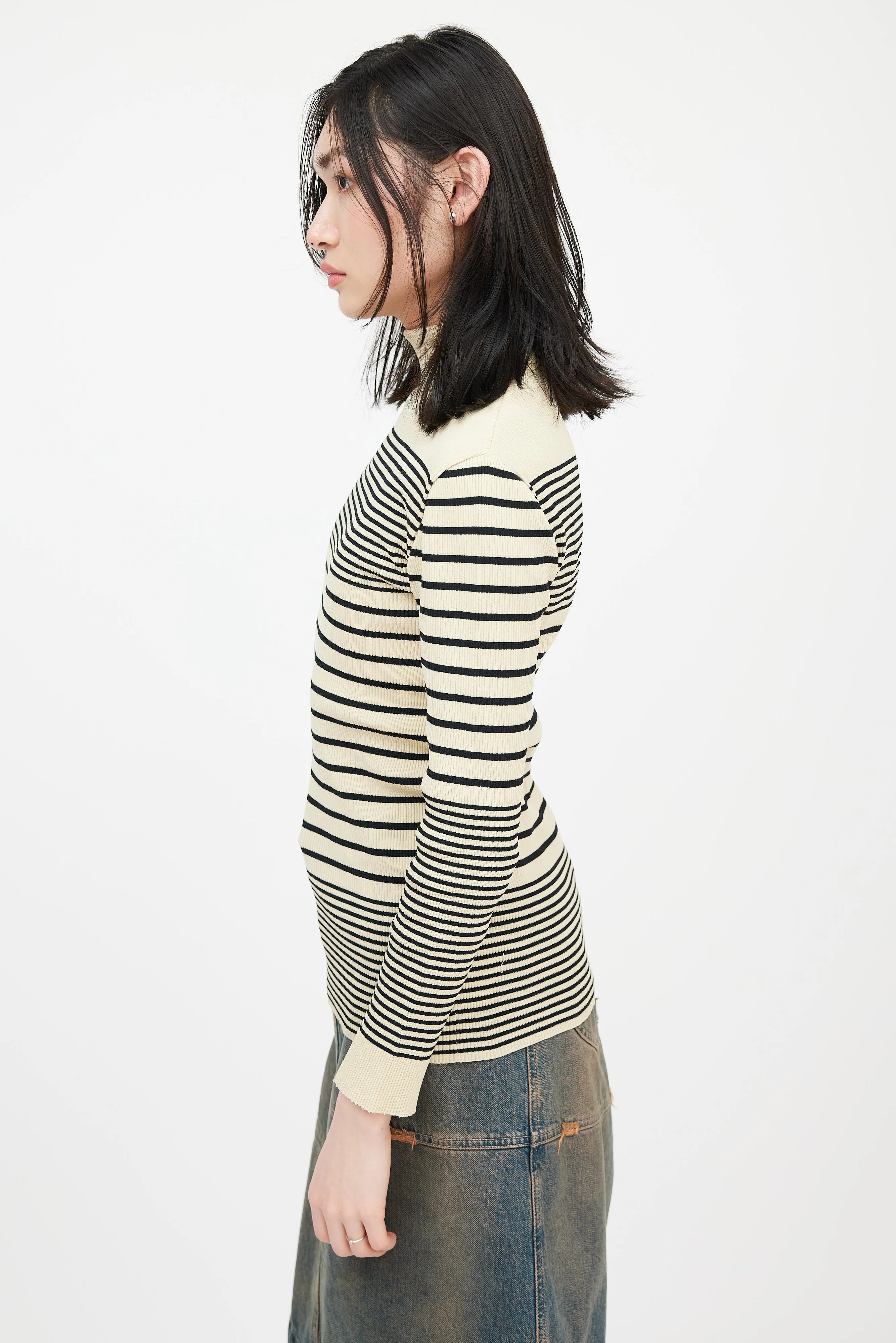 Classique Beige & Black Striped Turtleneck Top