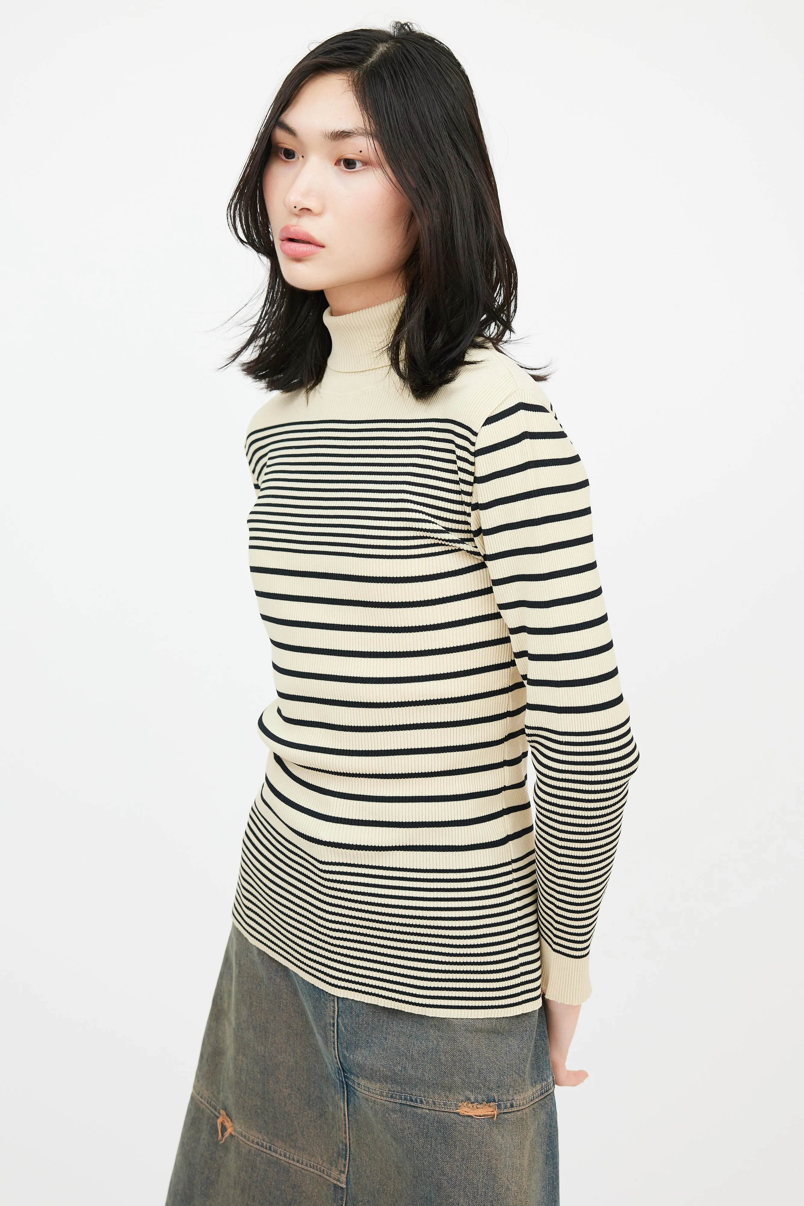 Classique Beige & Black Striped Turtleneck Top