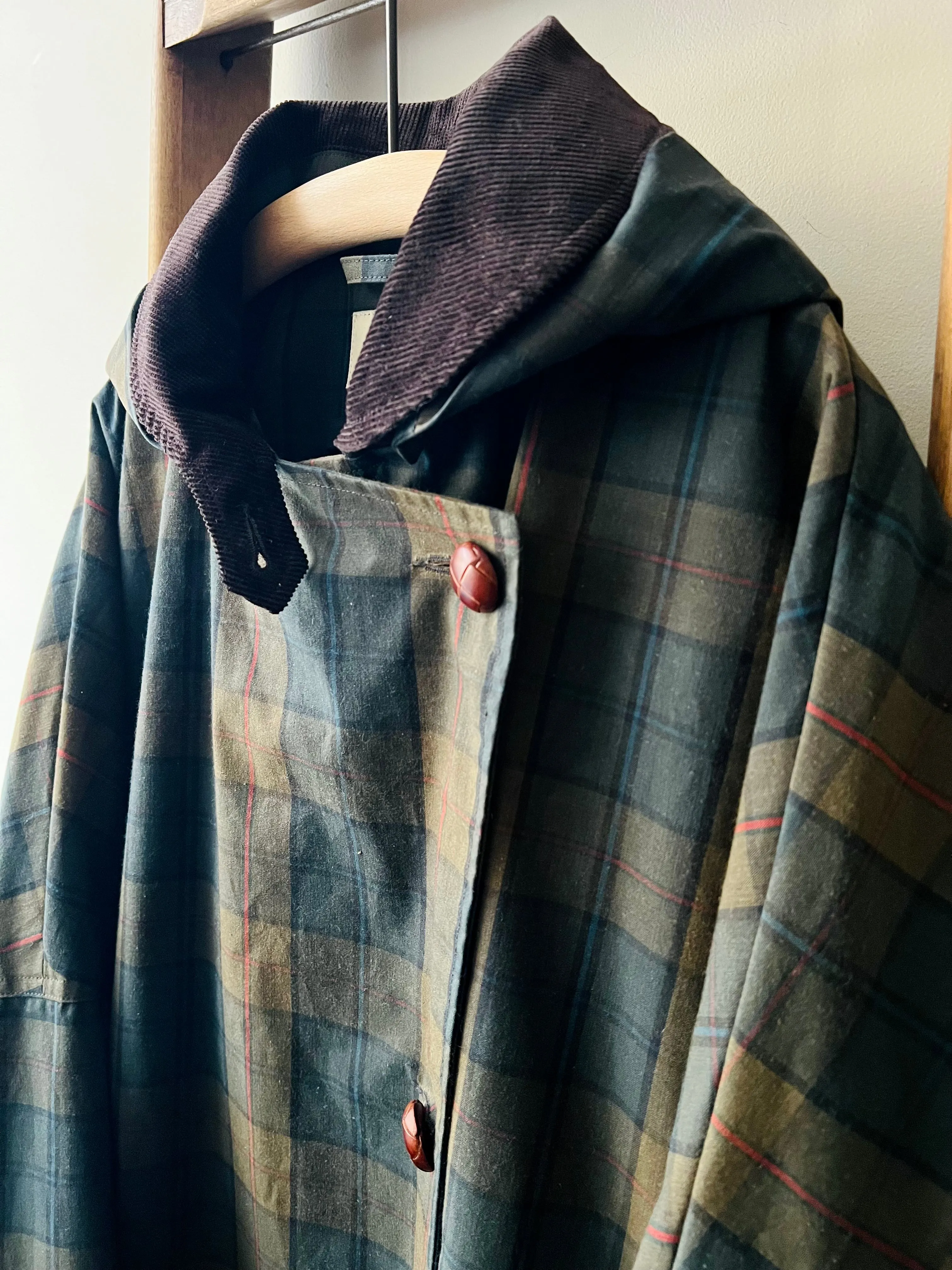 Cotton Wax Poncho Rain Coat / Dark Khaki Tartan