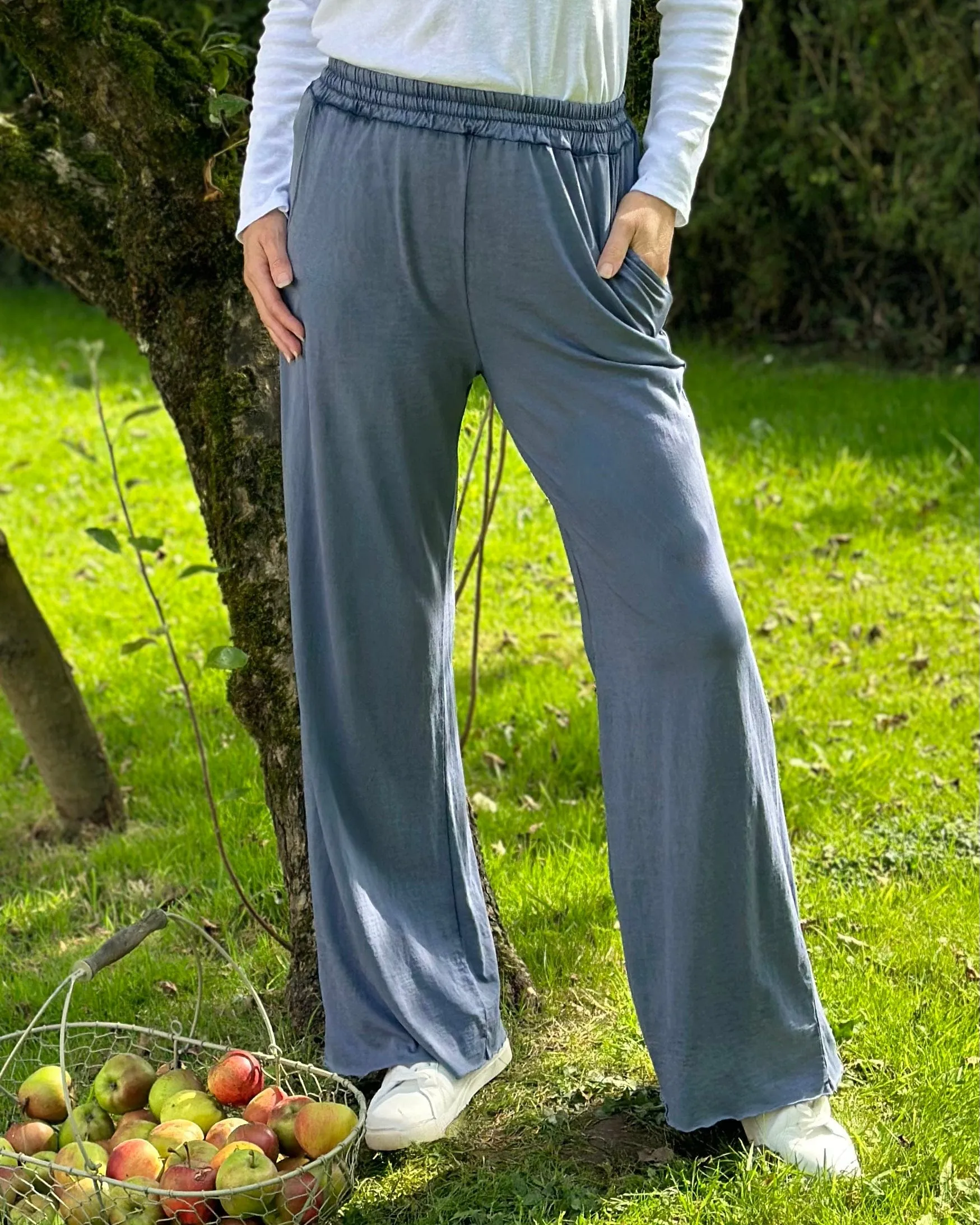 Cotton Wide Leg Joggers - Dusky Blue