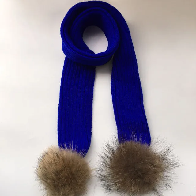 Crochet Children Scarf  With Raccoon Fur Pom Pom