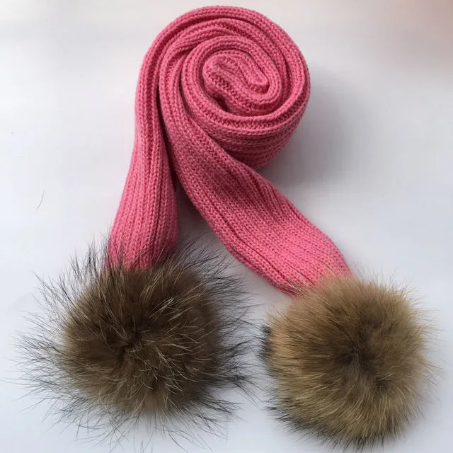 Crochet Children Scarf  With Raccoon Fur Pom Pom