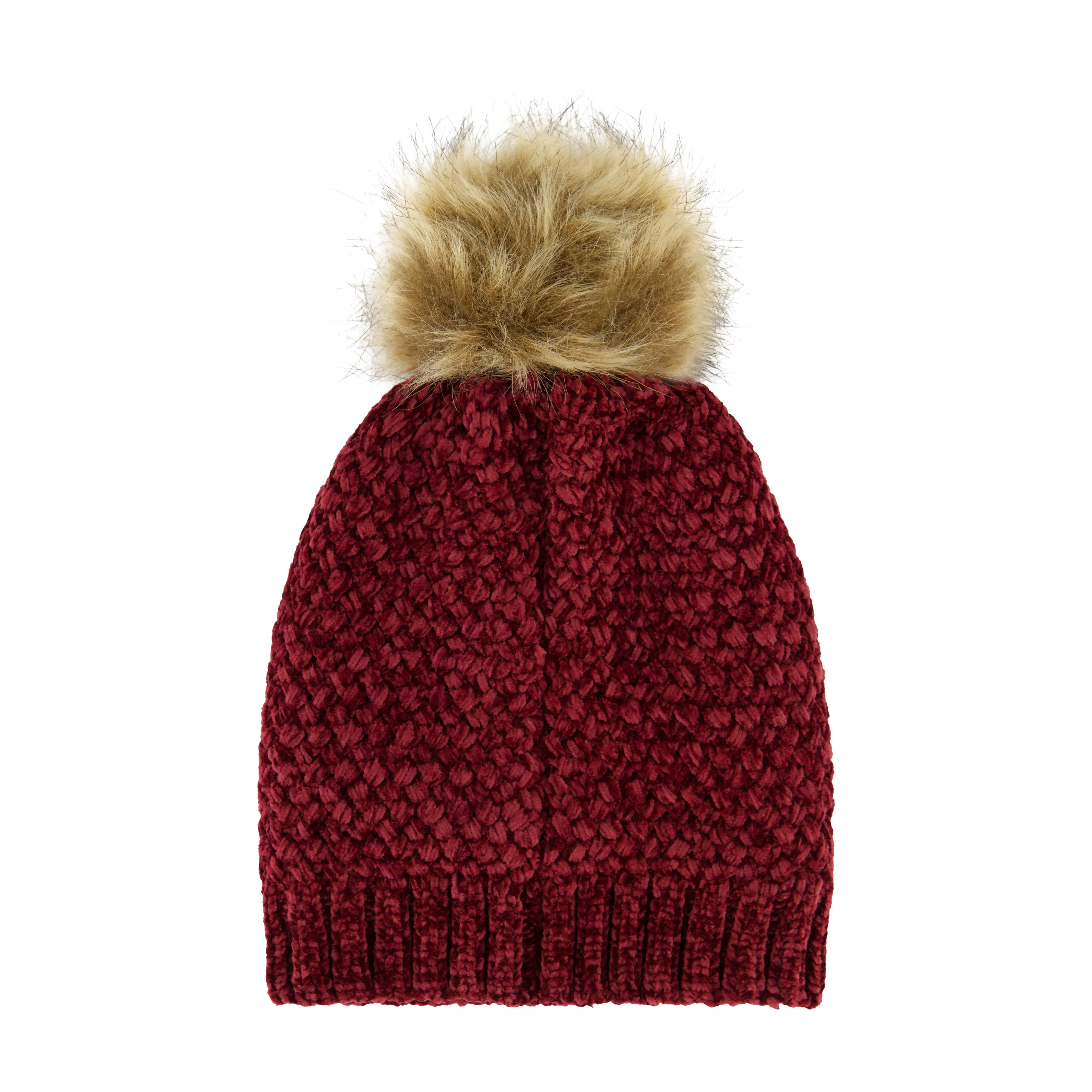 Daisy Fuentes Women's Cozy Cross Hatch Chenille Beanie with Faux Fur Pom and Plush Lining