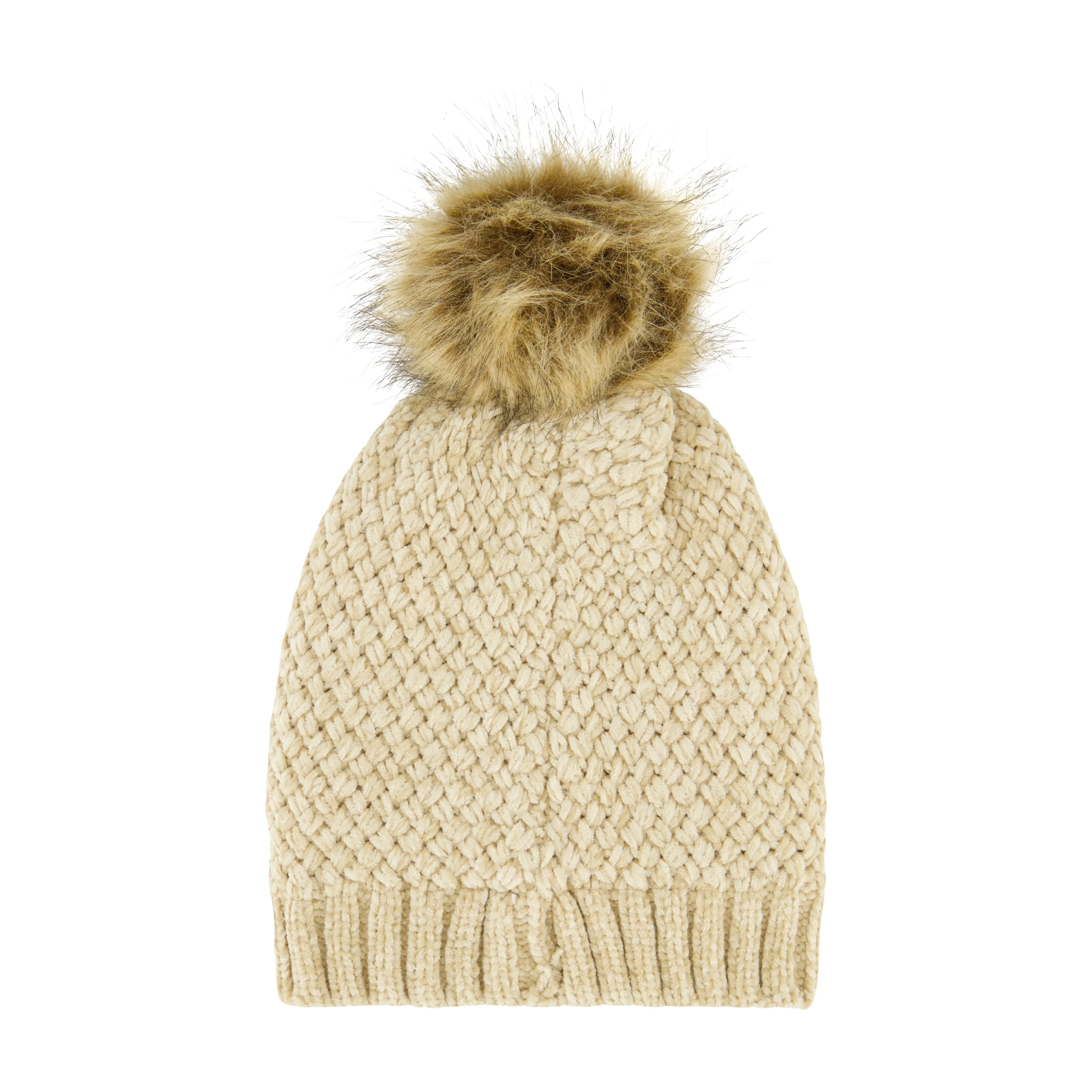 Daisy Fuentes Women's Cozy Cross Hatch Chenille Beanie with Faux Fur Pom and Plush Lining